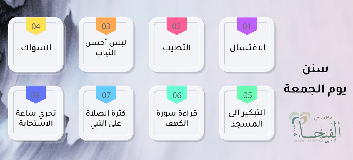 سنن يوم #الجمعة
الاغتسال - التطيب - لبس أحسن الثياب - السواك - التبكير الى المسجد - قراءة سورة الكهف - كثرة الصلاة على النبي - تحري ساعة الاستجابة

#سنن_يوم_الجمعة
#جمعة_مباركة