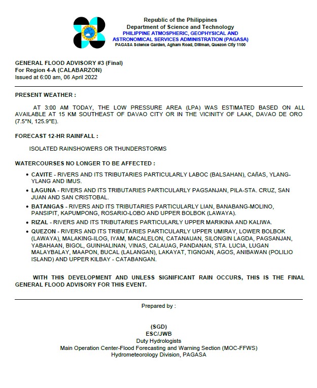 dost_pagasa's tweet photo. General Flood Advisories (GFAs)
Issued @ 6AM, 06 April 2022
BARMM - #GFA1
Region 2 (Cagayan Valley) - #GFA6 Final
Region 3 (Central Luzon) - #GFA2 Final
Region 4A (CALABARZON) - #GFA3 Final https://t.co/FjCrbbgPcV