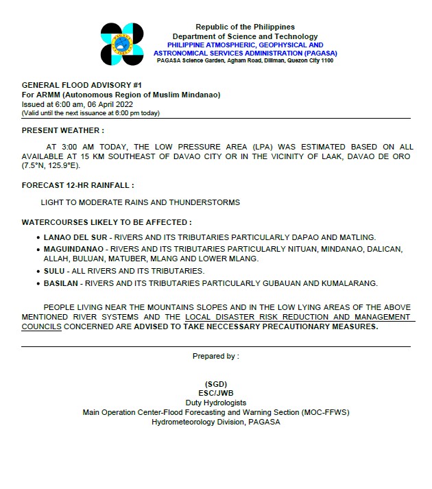 dost_pagasa's tweet photo. General Flood Advisories (GFAs)
Issued @ 6AM, 06 April 2022
BARMM - #GFA1
Region 2 (Cagayan Valley) - #GFA6 Final
Region 3 (Central Luzon) - #GFA2 Final
Region 4A (CALABARZON) - #GFA3 Final https://t.co/FjCrbbgPcV