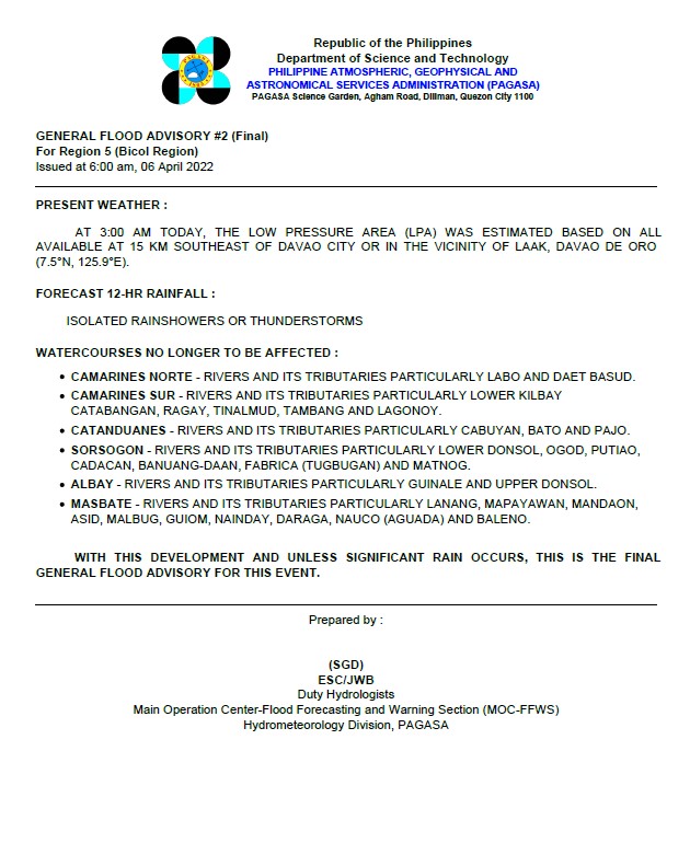 dost_pagasa's tweet photo. General Flood Advisories (GFAs)
Issued @ 6AM, 06 April 2022
Region 4B (MIMAROPA) - #GFA2
Region 5 (Bicol Region) - #GFA2 Final
Region 6 (Western Visayas) - #GFA1
Region 7 (Central Visayas) - #GFA1 https://t.co/9LoUZJdwfM