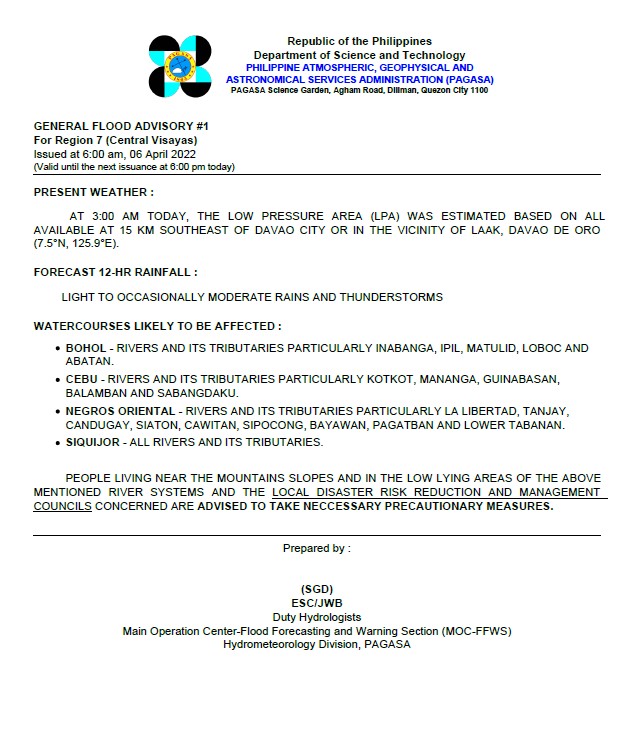 dost_pagasa's tweet photo. General Flood Advisories (GFAs)
Issued @ 6AM, 06 April 2022
Region 4B (MIMAROPA) - #GFA2
Region 5 (Bicol Region) - #GFA2 Final
Region 6 (Western Visayas) - #GFA1
Region 7 (Central Visayas) - #GFA1 https://t.co/9LoUZJdwfM
