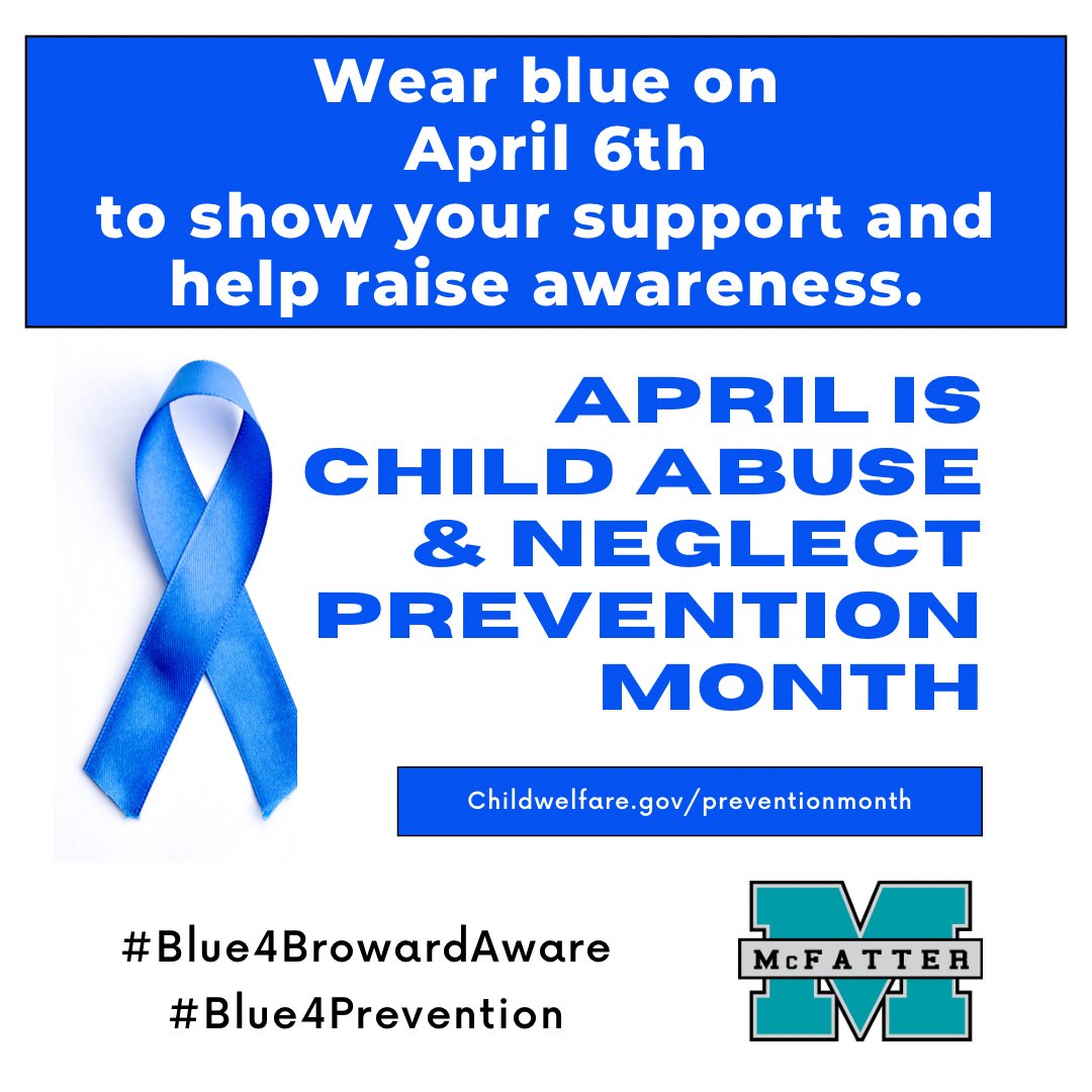 April is Child Abuse & Neglect Prevention Month.
Wear blue on April 6th
to show your support and help raise awareness. #Blue4BrowardAware  #Blue4Prevention