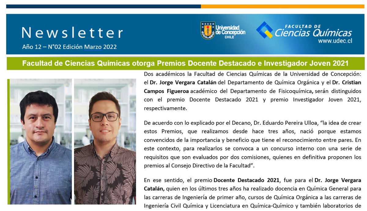 #NewsletterFCQ
Durante el mes de MARZO, nuestra Facultad de Ciencias Químicas, generó interesantes noticias, ¡te invitamos a conocerlas! Chequea en el siguiente link: fcqudec.cl/wp-content/upl… <a href="/udeconcepcion/">Universidad de Concepción</a> 
👩‍🔬👨‍🔬🧪⚗🌎🌐⛏🌋