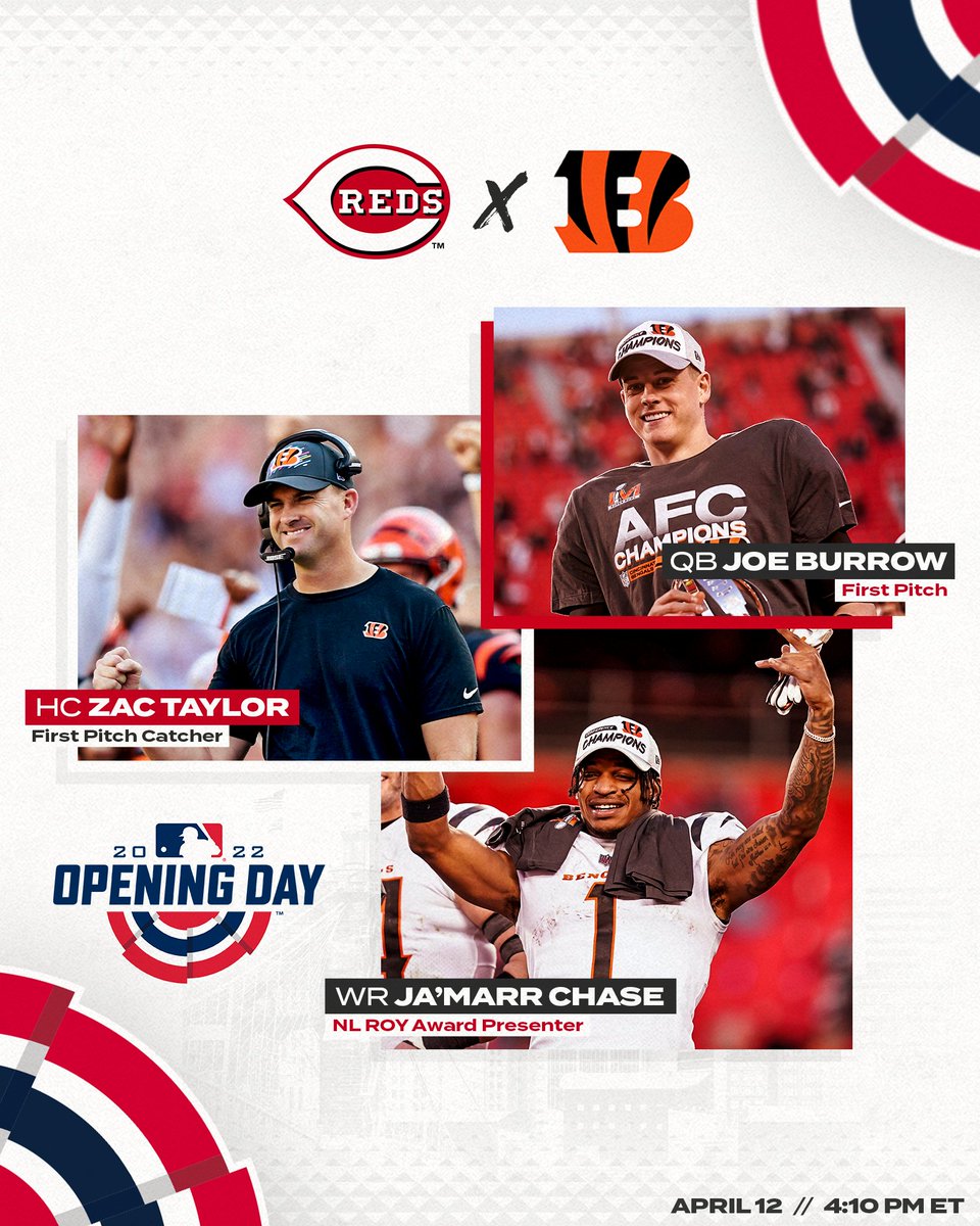 Reds's tweet photo. See you soon, AFC champs.

Joe Burrow, Ja'Marr Chase and Zac Taylor will be at GABP for #RedsOpeningDay❗️ https://t.co/b1sD3CTtiy