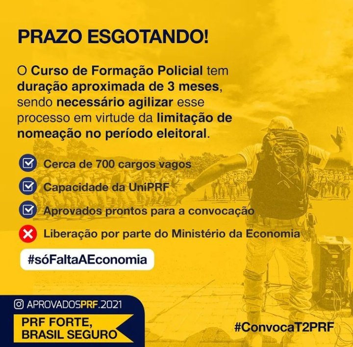 MayVasconcello's tweet photo. Existem mais de 700 cargos vagos HOJE na PRF, o pedido para convocação desse número já foi feito e está parado no ME há mais de 2 meses. Só falta a economia. Assina, presidente!

@jairbolsonaro
@MinEconomia 
@andersongtorres

#ConvocaT2PRF
#ConvocaTodosPRF
#ReestruraçãoPRF https://t.co/9DDMLsQyxS