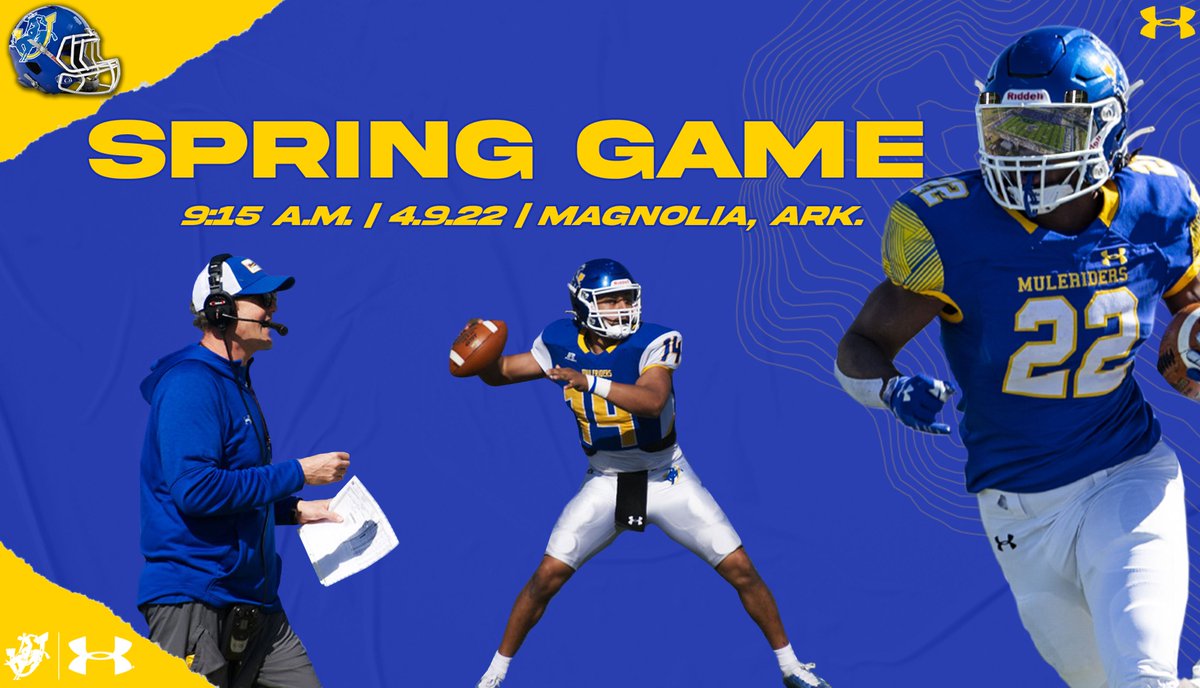 MuleriderSports's tweet photo. 🚨🏈Spring Game🏈🚨

Come check out the monster @CoachBradSmiley is building in Magnolia on Saturday‼️

⤵️⤵️⤵️

🗓️ | 4.9.22
⌚️ | Warmups start at 9:15 ⤵️
 Game to follow 💪😤

#GoMuleriders #RideAsOne #ArkLaTexU https://t.co/maNbw8ZHGv