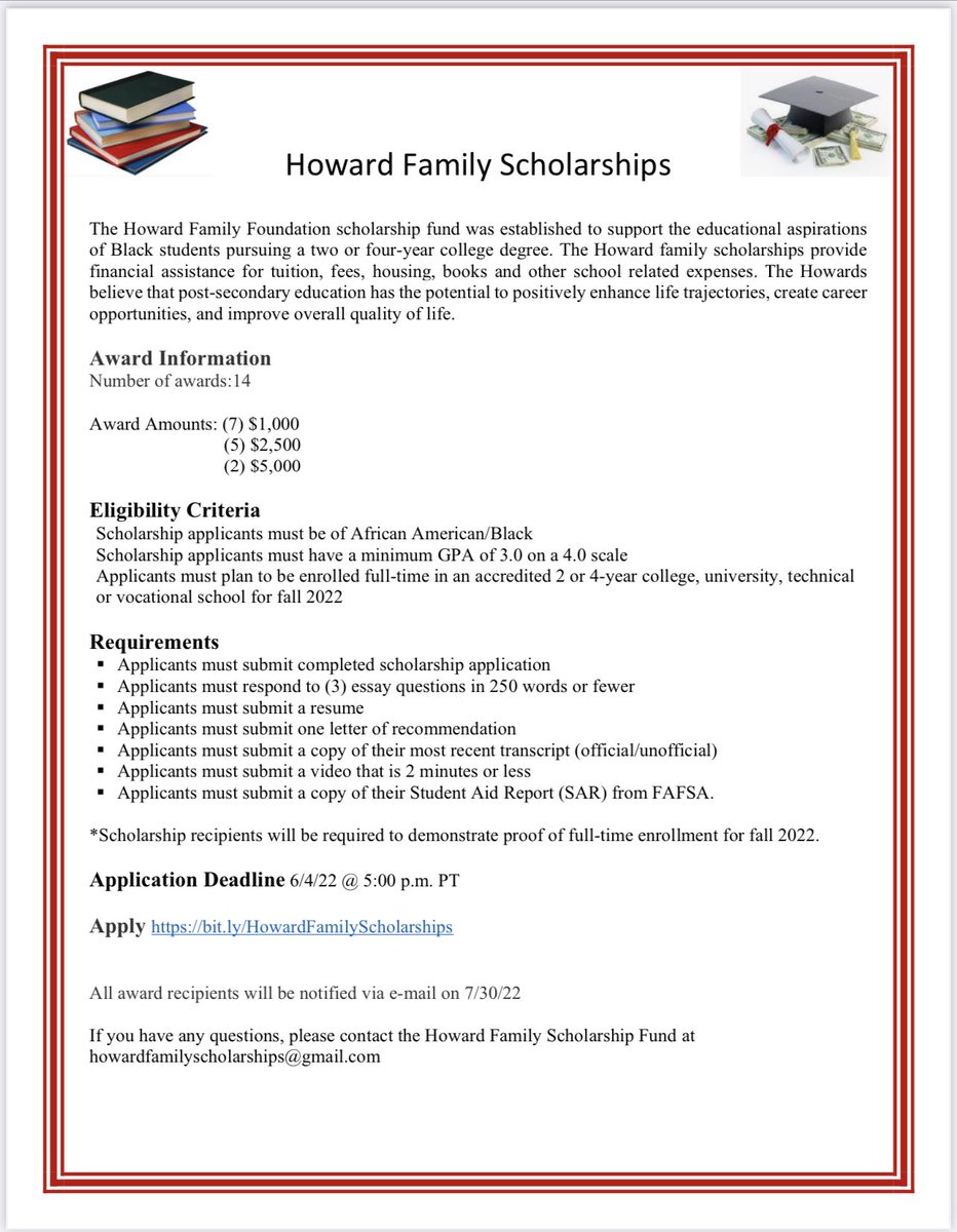 We are excited to announce our Howard Family Foundation Scholarship opportunities for 2022.  Please see the scholarship announcement and eligibility criteria.  Feel free to share with any eligible students that you know.