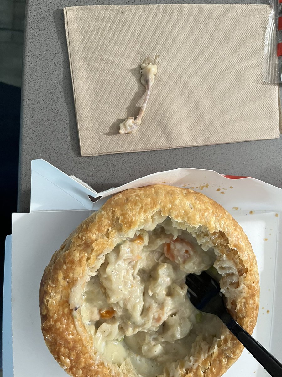 ewinkler15's tweet photo. I was trying to enjoy a Pot Pie from KFC tonight after a long day of work. While eating I bit down on something hard in my food. When spitting the food out found this big bone in my food. This is very dangerous, could have choked on this bone or broke a tooth. Disappointed @kfc https://t.co/EjNuQnw0yD