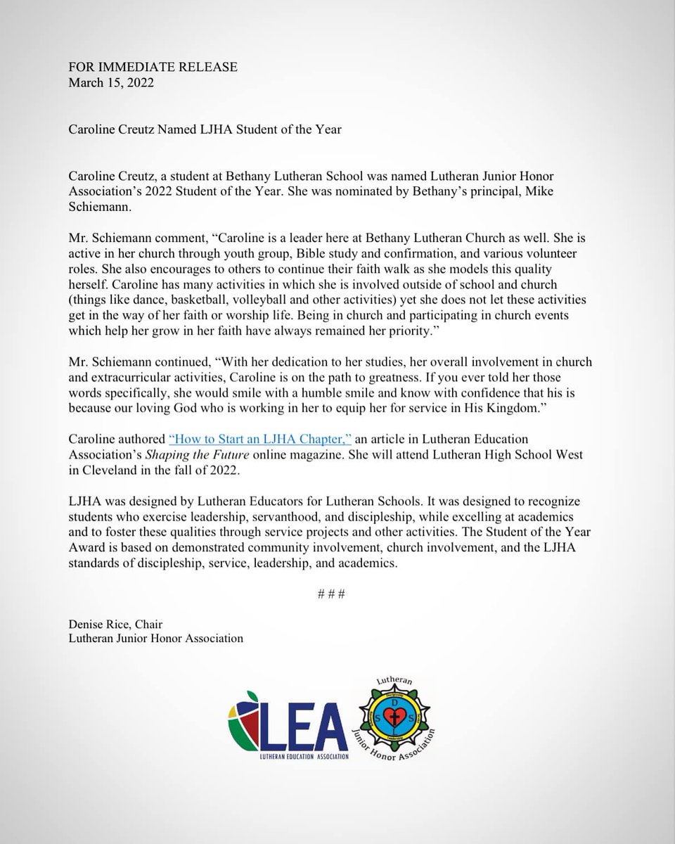 LutheranEd's tweet photo. LEA is proud to announce 8th grader, Caroline Creutz, was named 2022 Lutheran Junior Honor Association Student of the Year! She is being recognized as a Lutheran student who exemplifies service, discipleship, leadership, and academics. Congratulations Caroline! #luthed #ljha #lea https://t.co/McUnTPtEcF