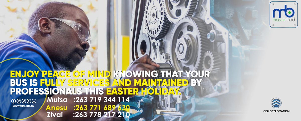 FAWZimbabwe's tweet photo. Nothing says it more than a fully serviced bus. Enjoy peace of mind by getting professional serving your buses this Easter session.

#faw #massbreed #goldendragon #servicedbus https://t.co/3jNwue1GPI