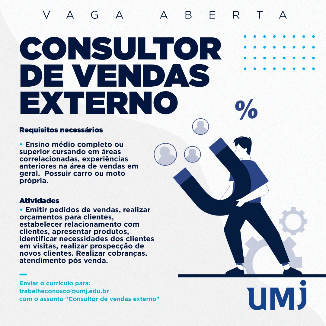 umjoficial's tweet photo. 🚨 Estamos com seleção aberta para Consultor de Vendas Externo!

Fique atento aos requisitos, envie já seu currículo e venha fazer parte da nossa equipe 😉
________________
#vagas #vendas #consultordevendas https://t.co/x4Hsl1QY3E