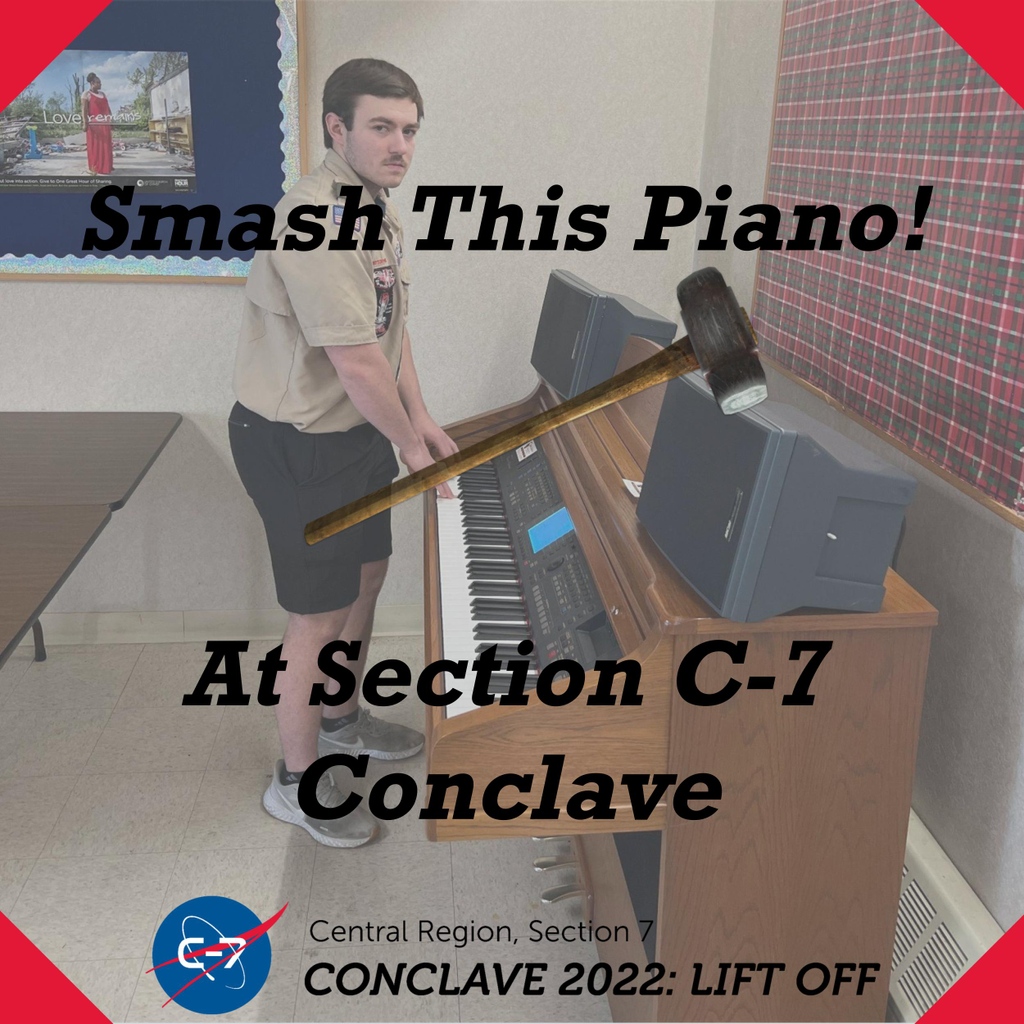 OASectionC7's tweet image. Do you want the exclusive opportunity to smash an old piano with a sledgehammer? Then you HAVE to come to the Section C-7 Conclave at Indian Mound Scout Reservation April 22-24! Signup closes this week; don&apos;t hesitate to register at register.oac7.org!

#OA #OABSA #C7