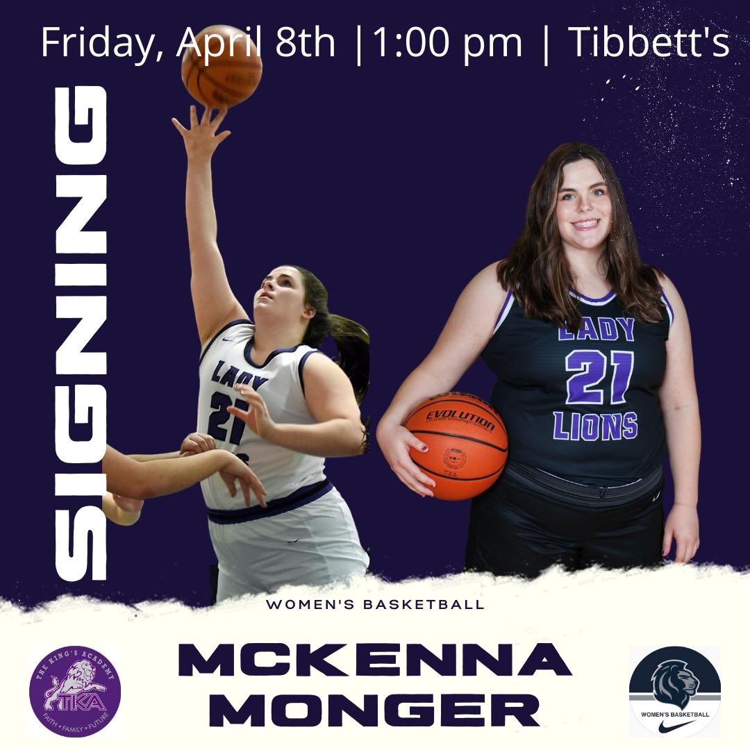 TKALadyLionsWBB's tweet photo. Join us Friday at 1:00 pm in Tibbett’s Gymnasium as @TKALadyLionsWBB senior, @mckennamonger , signs to continue her athletic and academic career at @JUTNWBB!  We are proud of McKenna and all she has done for our Lady Lions the past 4 years! @TKASeymour @TNLadyVolcanoes https://t.co/WopKVHTmhl