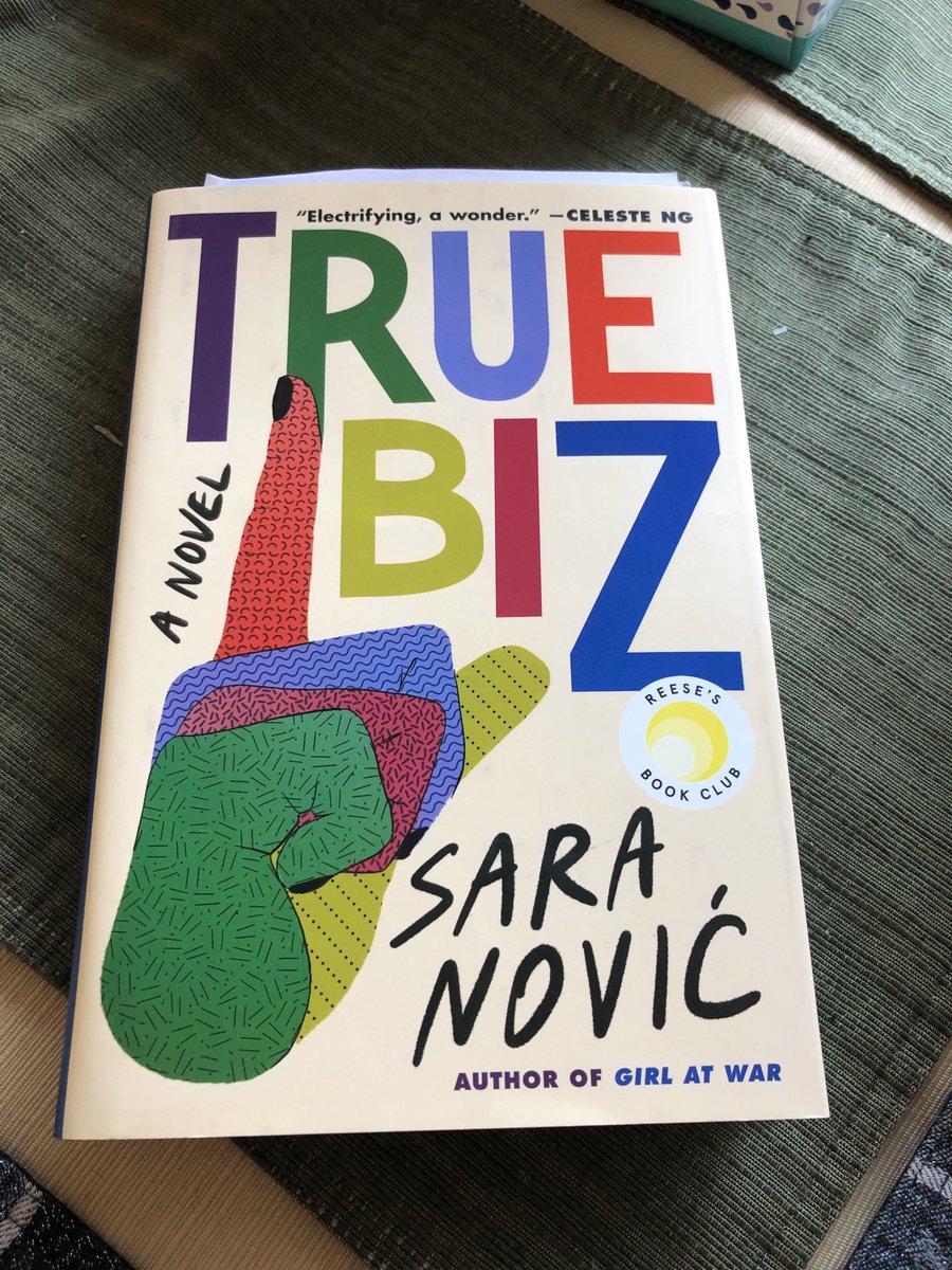 It arrived! Woot woot! #TrueBiz ⁦@NovicSara⁩ ⁦@ReesesBookClub⁩ ID: colorful cover of the new novel True Biz by Sara Nović featuring a hand with the index finger extended up