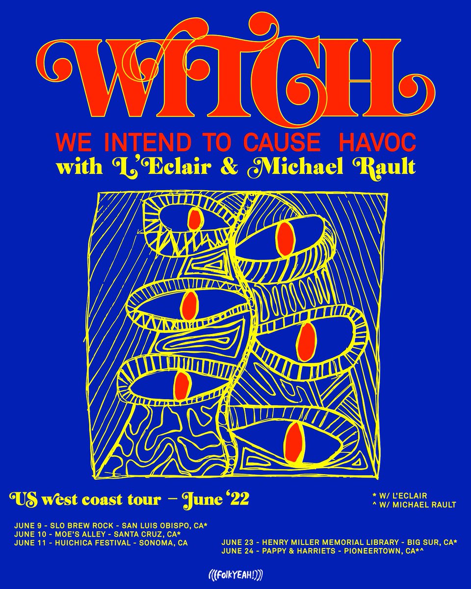 Just Announced! June shows with W.I.T.C.H. (We Intend To Cause Havoc). 🔥 On sale this Friday at 10am. 🎟: folkYEAH.com

6/9 - <a href="/slobrew/">SLO Brew</a>
6/10 - @MoesAlleysc
6/11 - <a href="/Huichica/">Huichica Music Festival</a> (festival on sale now!)
6/23 - <a href="/henrymillerlib/">Henry Miller Library</a>
6/24 - <a href="/pappy_harriets/">Pappy & Harriet's</a>