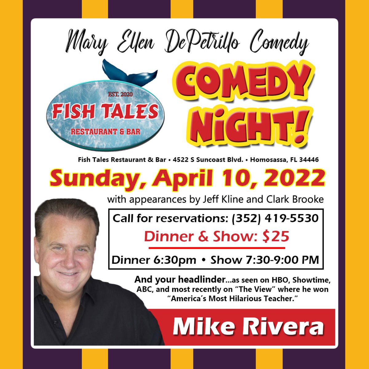 ⭐️You don’t wanna miss this Sunday’s Night of Comedy presented by Mary Ellen DePetrillo Comedy at Fish Tales Restaurant here in Homosassa with @mrriveracomedy 
•
#comedynight #homosassa @fishtaleshomosassa #maryellendepetrillocomedy