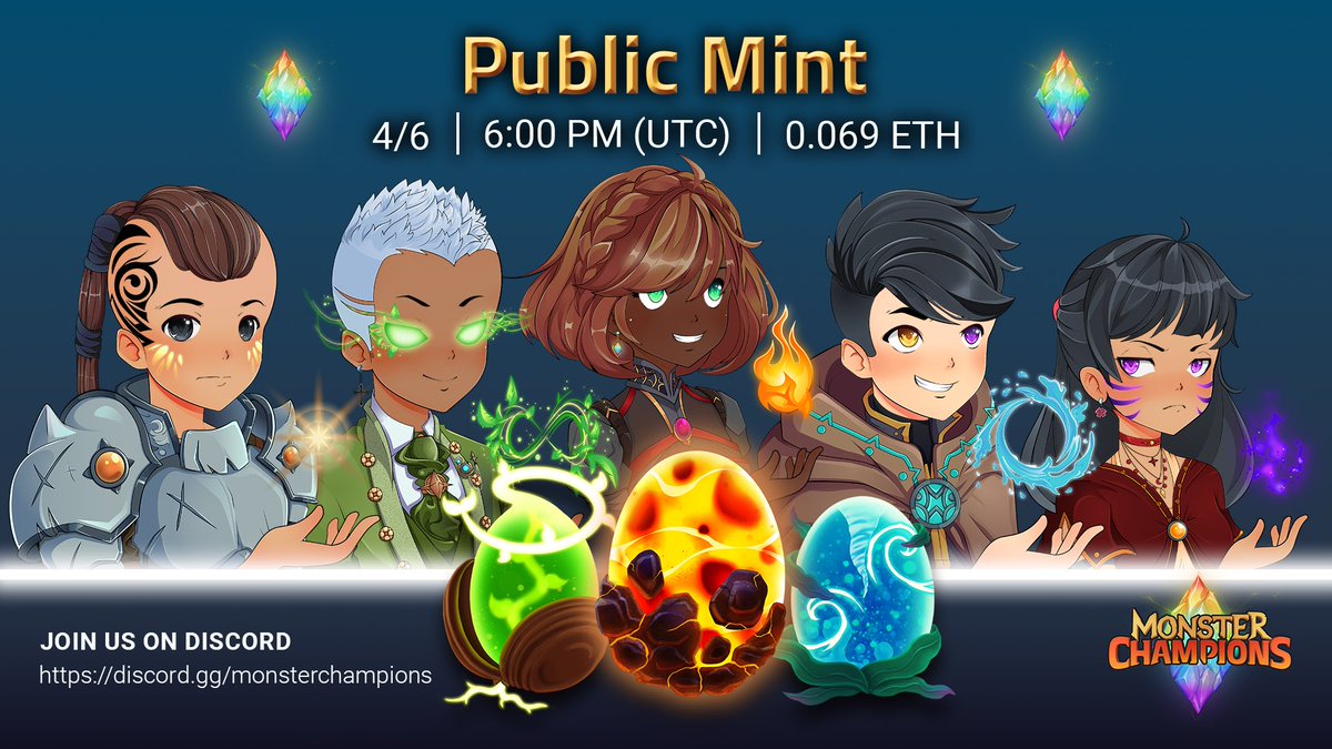MonsterChamps's tweet photo. Our Public Mint starts TOMORROW!

Mint your Genesis Champion and get special access to 3 egg airdrops, in-game earning, and unique battle abilities in our upcoming game!

You can get yours tomorrow for .069 ETH here:
https://t.co/bQrmn6MBVs https://t.co/Dw3JlBCA41