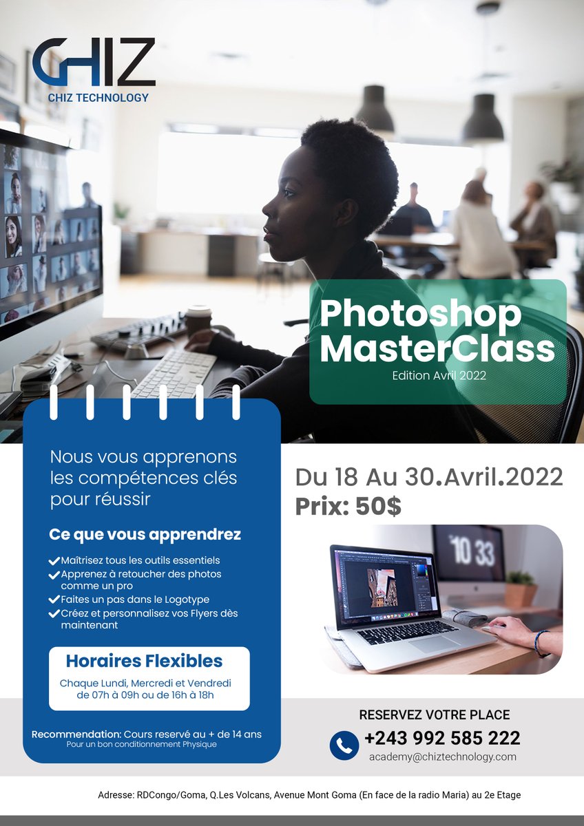 ChizTechnology's tweet photo. Développez votre carrière graphique grâce à cette opportunité de Formation "PHOTOSHOP MasterClass" organisée par CHIZ ACADEMY.

Inscrivez-vous en suivant ce lien: https://t.co/33DqjL2sqw https://t.co/E083RSHZW2