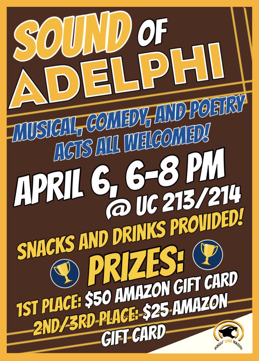 Join us for the Sound of Adelphi TOMORROW NIGHT, April 6, from 6-8 PM, and display your musical, comedic or poetic talents! FIRST PRIZE is a $50 Amazon gift card, and 2nd and 3rd place will receive $25 Amazon gift cards! All students are welcomed!