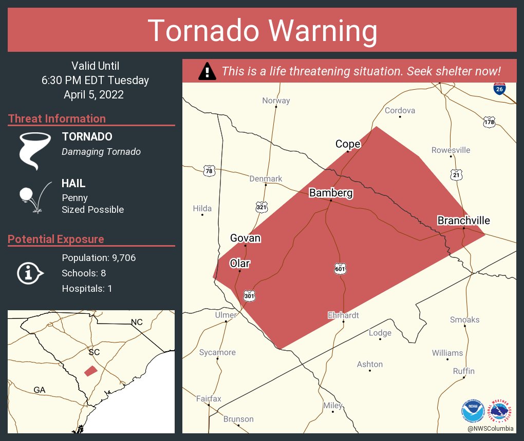 NWS Tornado on Twitter "Tornado Warning continues for Bamberg SC, Branchville SC, Olar SC until