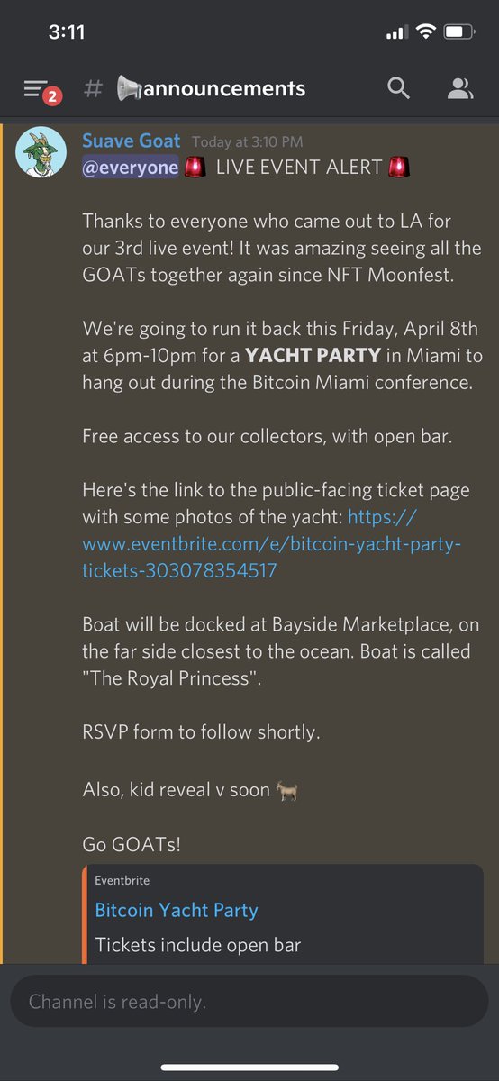 hoffy0x's tweet photo. Does your nft give you free access to yacht parties?! BTC Miami gonna be goated! 🐐 @goatlodge https://t.co/rMWac8xzBp