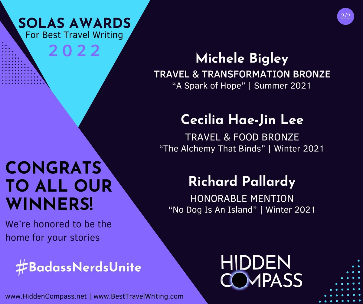 WayfaringSiv's tweet photo. #SolasAwards for Best #TravelWriting were announced and 7 (😮) of our storytellers won awards for their @Hidden_Compass pieces! Congratulations to all of them. We’re grateful they made us the home for their stories. Links to all of the articles in the thread... https://t.co/WDacBtmPaN