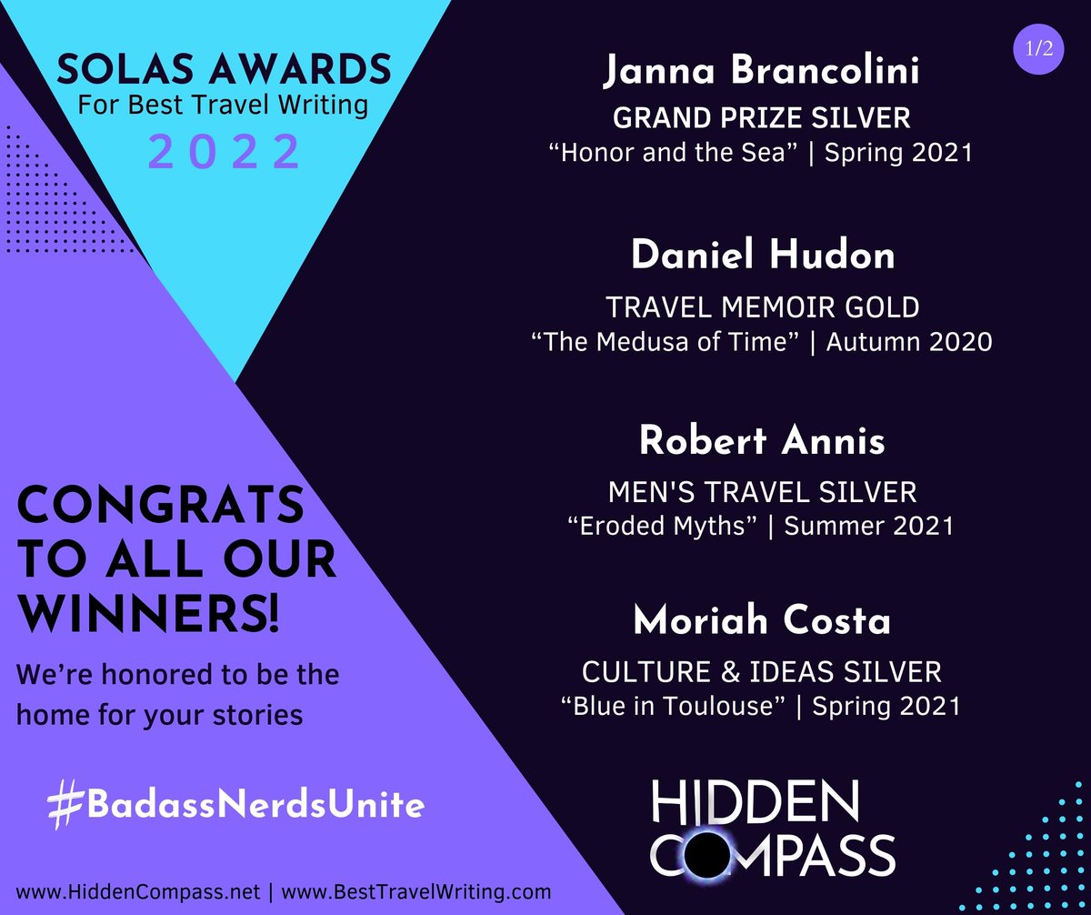 WayfaringSiv's tweet photo. #SolasAwards for Best #TravelWriting were announced and 7 (😮) of our storytellers won awards for their @Hidden_Compass pieces! Congratulations to all of them. We’re grateful they made us the home for their stories. Links to all of the articles in the thread... https://t.co/WDacBtmPaN