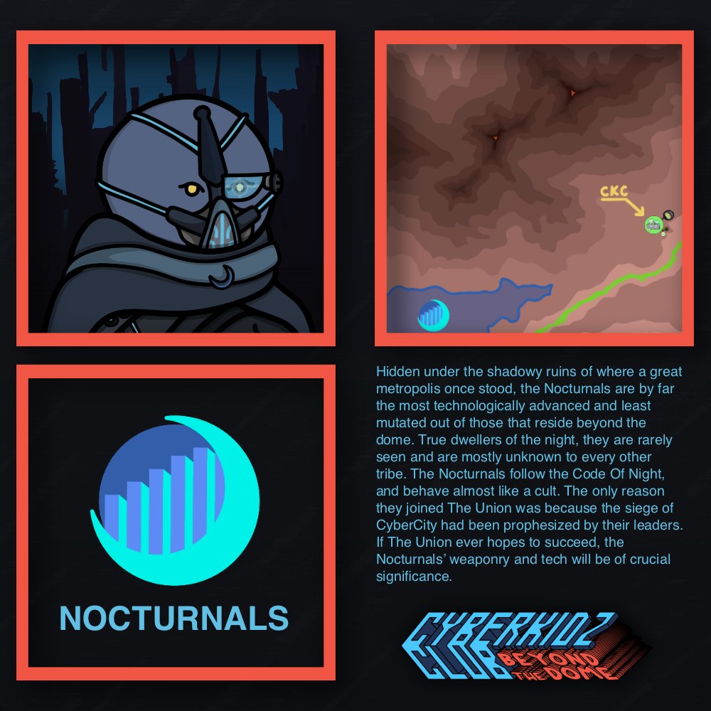 cyberkidzclub's tweet photo. The Nocturnals
1 of the 5 tribes Beyond the Dome.

If you hold a CyberKid, head over to https://t.co/rO3fXEtzoj sync your walllet and you´ll find another piece of lore!

Join us tomorrow in our Beyond the Dome FAQ chat:

- https://t.co/98kHvmN658 5PM UTC
- Twitter Spaces 8PM UTC https://t.co/V6XPsMQr9p