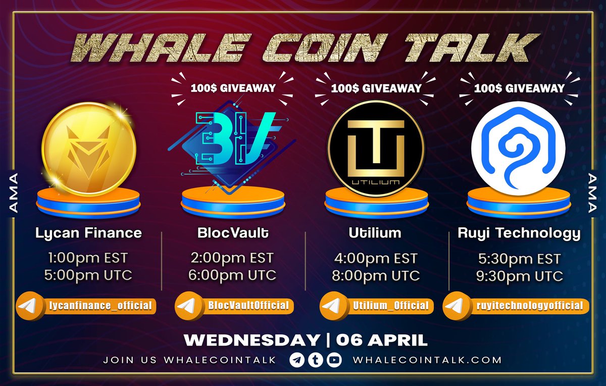 WhaleCoinTalk's tweet photo. AMA ANNOUNCEMENT 📢

➡️ Join: https://t.co/fnXbRkidzZ
➡️ Follow: @whalecointalk
🏦 Join our AMA with @LycanFinance, @BlocVaultAPP, @UtiliumPlatform, @RuyiTechInc  &amp; Spyhopping pitch with @The_R_A_T.

🎡 You also stand a chance to grab a share of $300 when we SPIN THE WHEEL🤑 https://t.co/OO4wZSQz8M