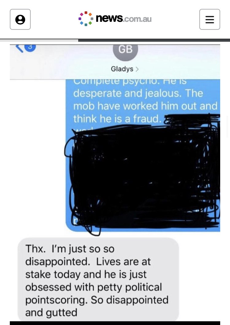samanthamaiden's tweet photo. NEW: A second leaked text from former NSW Premier Gladys Berejiklian slamming the Prime Minister as being more concerned with “petty pointscoring” than human lives at the height of the deadly 2020 bushfires has emerged. https://t.co/6KkZvw5xA5 https://t.co/zYEFuCupzl