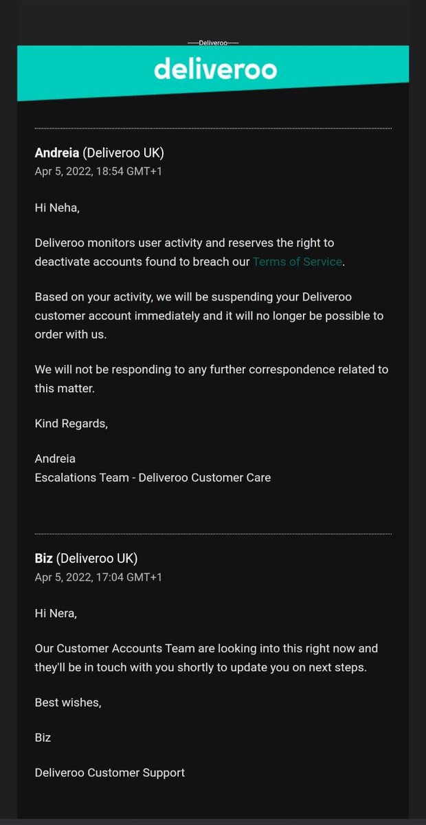 Nish_n's tweet photo. @Deliveroo @DeliverooHelp Some unbelievably terrible and shocking service today from you. We ordered lunch from my wife's account, paid for it, but it was never delivered. We asked for refund on the app, were promised an email, now your rep says account suspended?? like wth?! https://t.co/EYQju5aA6A
