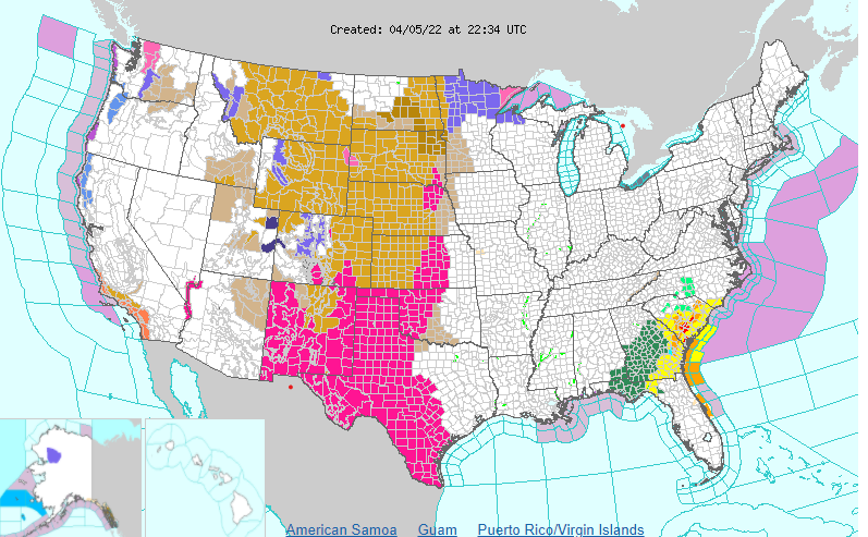 It may not be a very active day here in Indiana, but a plethora of alerts extends from International Falls, MN to Brownsville, TX! Lots of High Wind watches/warning and Red Flag Warnings, and even some Winter Weather Advisories in Minnesota! https://t.co/EEUfpcqN5Y