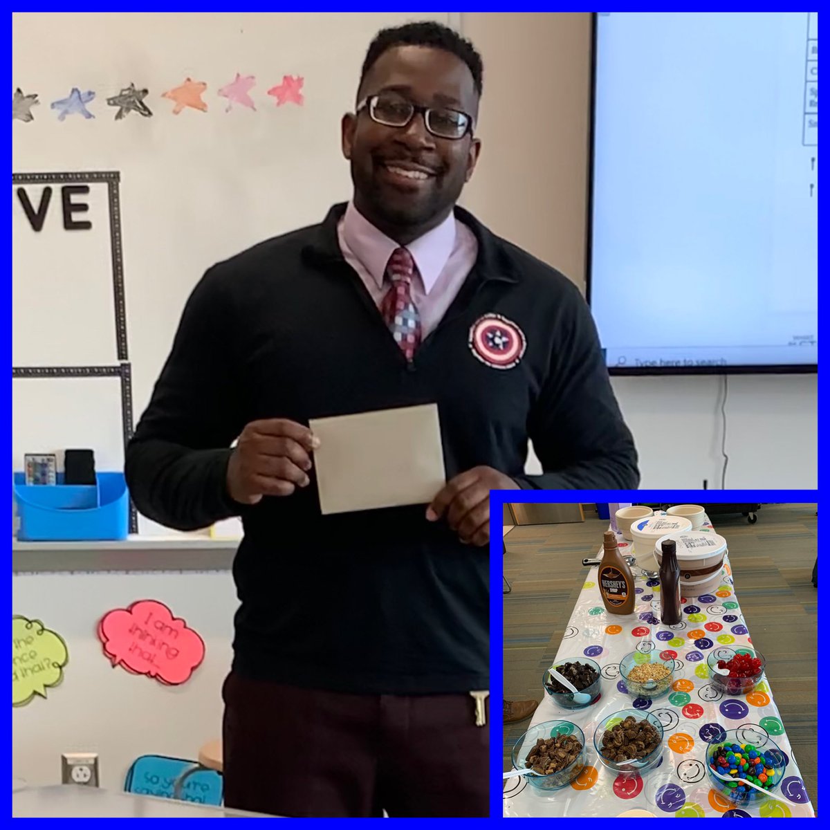 abby_offenbaker's tweet photo. It’s hard to express in *ONE* tweet (&amp; 1 ice cream sundae 😚) just how ✨ thankful we *ALL* are to be supported by such a terrific AP ✨ Thank you @MrLamarHill for all you do! 💖#CelebratingAPWeek #MrHill #TeacherAdvocate #StudentSupport @AFMSChargers https://t.co/crtUa21KVD