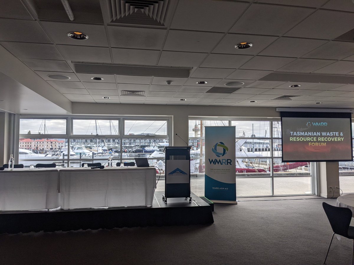 WMRRAus's tweet photo. What a view! All set up and ready to welcome attendees to #WMRR's 2022 #TASForum where we'll hear from Tyrecycle, NRE, EPA, Bullock Civil Contracting, Spectra Group, Stop Food Waste AU, GISA and more. https://t.co/wl0SCwy5d9