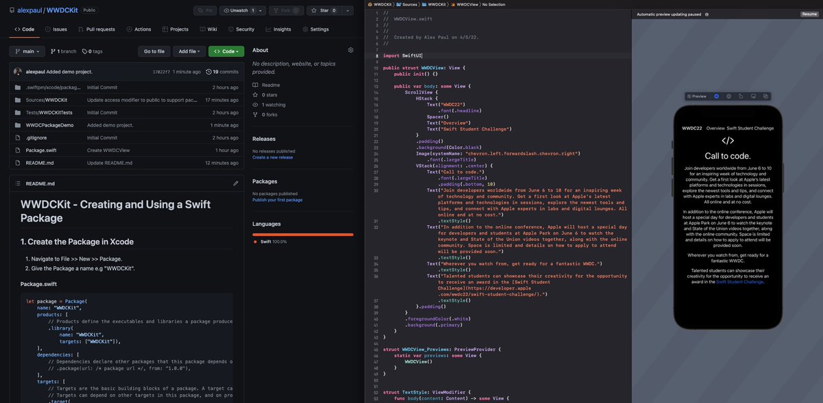 AlexPaul's tweet photo. With the announcement of #wwdc I decided to write up a GitHub doc on Creating your own Swift Packages 📦. #ios #swift #xcode #wwdc22 🙌🏾 https://t.co/yeEryOW30r