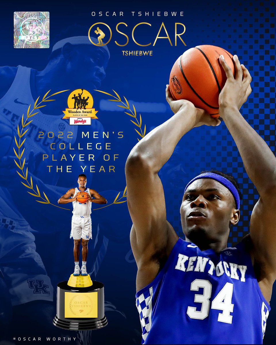 UKAthletics's tweet photo. HISTORY! Oscar Tshiebwe is @KentuckyMBB's first-ever unanimous National Player of the Year🏆

#OscarWorthy https://t.co/Mnao2gyJoX