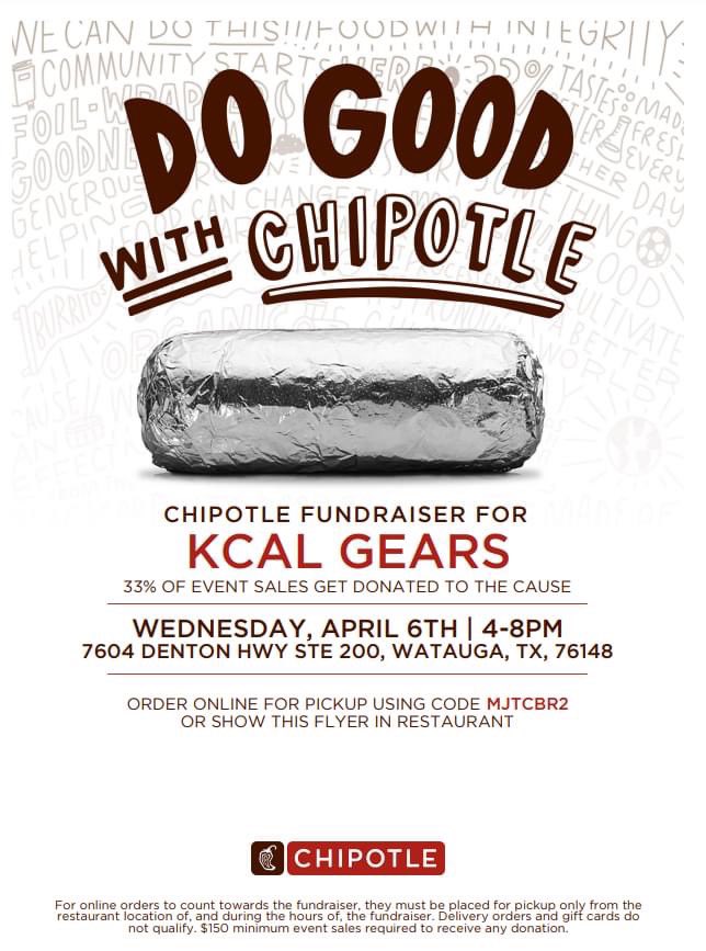 tanyapsnook's tweet photo. Wednesday April 6 from 4 - 8pm please go to Chipotle in Watauga and mention KCAL GEARS - we will get 33% of the event sales.  This is a HUGE opportunity for us!  Thank you for supporting us!

#CTEinKISD #WomenInSTEM https://t.co/btOpWPmU7A