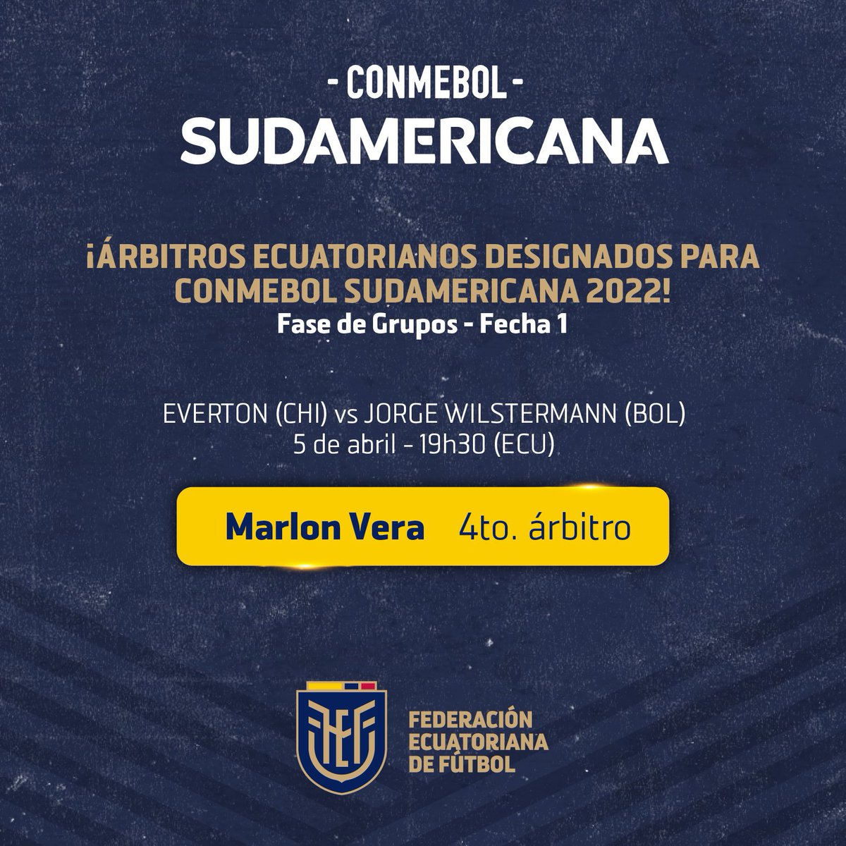🙌 ¡Deseamos una gran participación a Marlon Vera, árbitro ecuatoriano, designado por la Comisión de Árbitros de CONMEBOL para Fecha 1 de la Fase de Grupos de la <a href="/Sudamericana/">CONMEBOL Sudamericana</a> 2022!

#Árbitros #FEF 🇪🇨