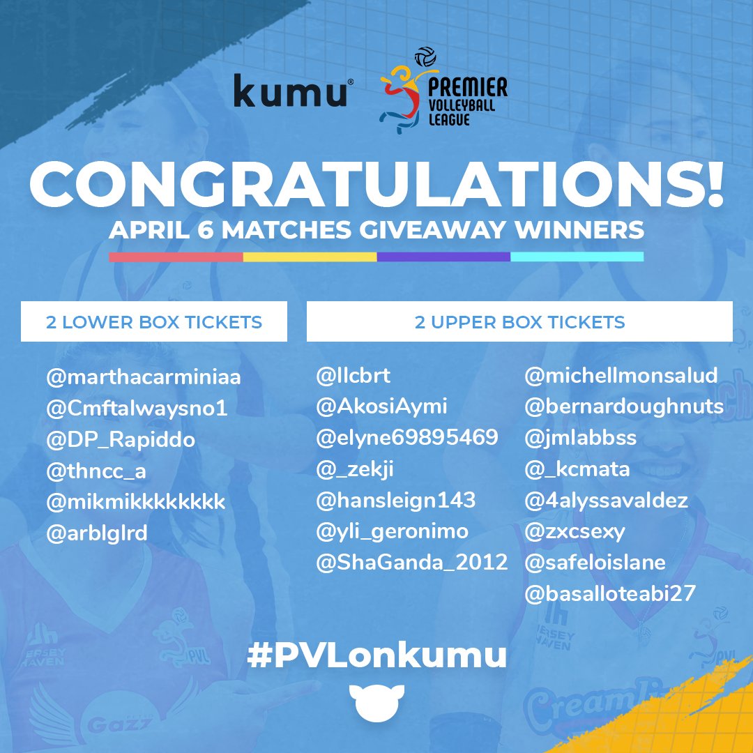 kumuPH's tweet photo. Congratulations to our winners of LB and UB PVL tickets! 🎫🎫

But wait, there's more! We got 1 more BIG surprise as mentioned in our pinned tweet. May pag-asa pa volleyball fans, follow PVL acc on kumu to unlock the prize! Click here: https://t.co/6iUtgEbcO5

#PVLonkumu #PVL2022 https://t.co/uRgcwzkbwi