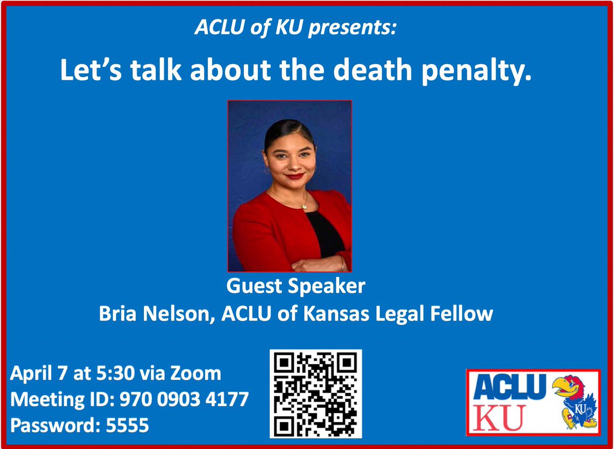 Join us this Thursday on Zoom for our conversation about the death penalty with Bria Nelson, a fellow from the ACLU of Kansas! 

We hope everyone is celebrating our championship win safely!