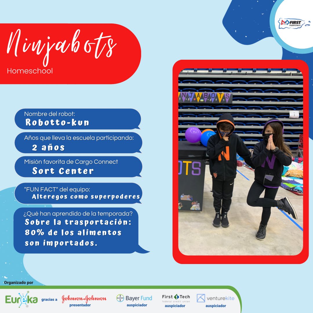 EurekaESIpr's tweet photo. Los participantes de #FLLCHALLENGE de la temporada #CARGOCONNECT se preparan para a tan solo 4 días cumplir con las misiones de los juegos de robot. Les presentamos a nuestros NINJABOTS, un equipo excepcional, siempre presente, con una curiosa identidad, listos para dar el máximo https://t.co/1jIv4dkQ7d