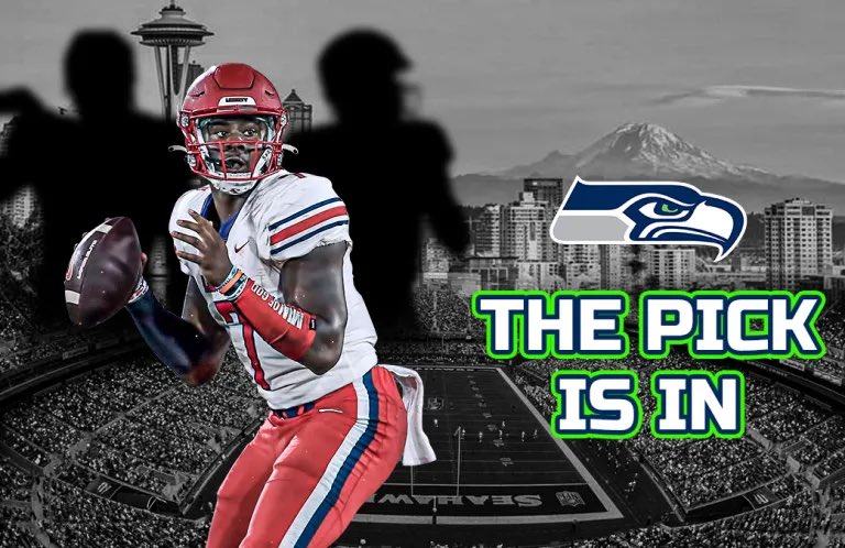 TPortalCFB's tweet photo. The Seattle Seahawks are on the clock and The Pick Is In... 

@KyCress makes the claim for the ever so coveted Malik Willis 🥶

Do @MTownsend_77 &amp; @AndrewsterMN address the QB situation as well? 🤔

Read Here! - https://t.co/vieoVzXCSN https://t.co/9FkreO4qfB