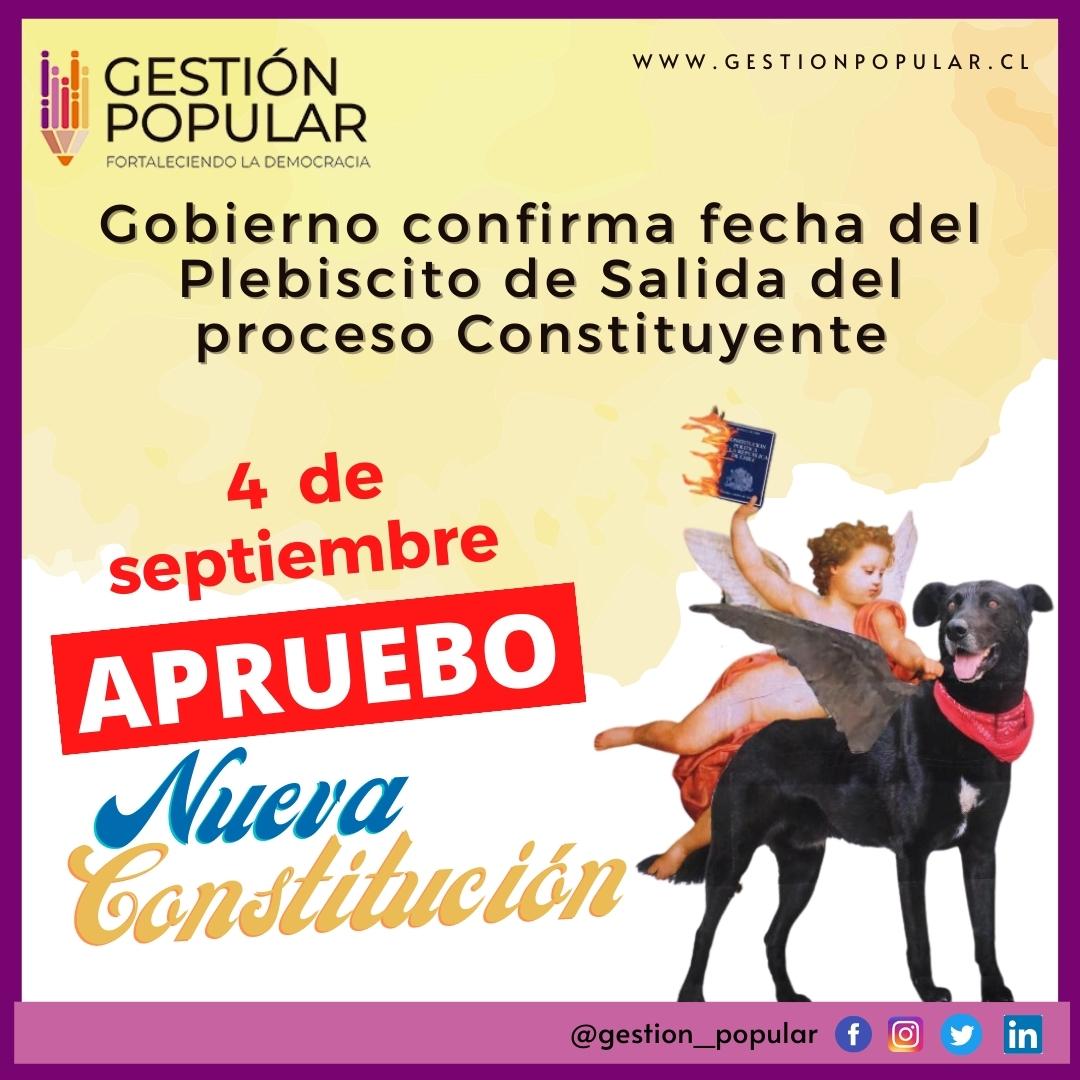 Gestion_Popular's tweet photo. Se confirma fecha para el #PlebiscitoDeSalida sera el domingo #4deSeptiembre  

Recordar que el voto es obligatorio para todos los mayores de 18 años.

#AprueboDeSalida 
#RechazoDeSalida
#ConvencionConstitucional 
#Apruebo
#Rechazo
#NuevaConstitucion https://t.co/NyEnlq5k5w