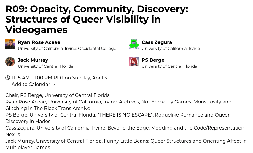 MyOwnVelouria's tweet photo. I know I'm late to the game but I'm here catching up on the recording of this great #scms22 panel - "Opacity, Community, Discovery: Structures of Queer Visibility in Videogames" - featuring the amazing @gendervamp @Jackademia @theiceberge & Cass Zegura! https://t.co/j4X2FTQ9YL