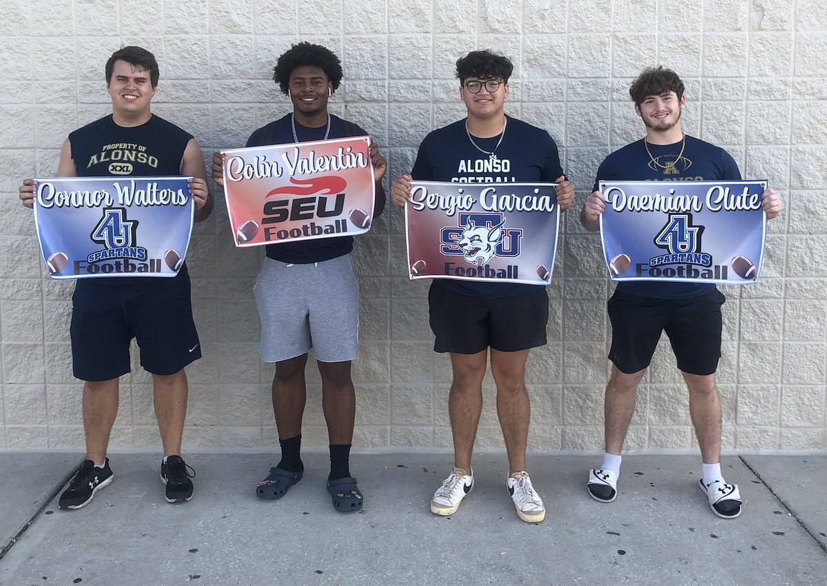 The Alonso Football Program wants to congratulate these 4 young men on their commitment to further their education and to play football at the next level. <a href="/colinv05/">Colin</a> <a href="/ConnorWalters76/">Connor Walters</a> <a href="/SurgeGarcia/">Sergio J. Garcia</a> <a href="/CluteDaemian/">Daemian Clute</a> <a href="/SEUFireFootball/">Southeastern Football</a> <a href="/AU_SpartanFB/">Aurora University Football</a> <a href="/STU_Football/">STU Football</a>