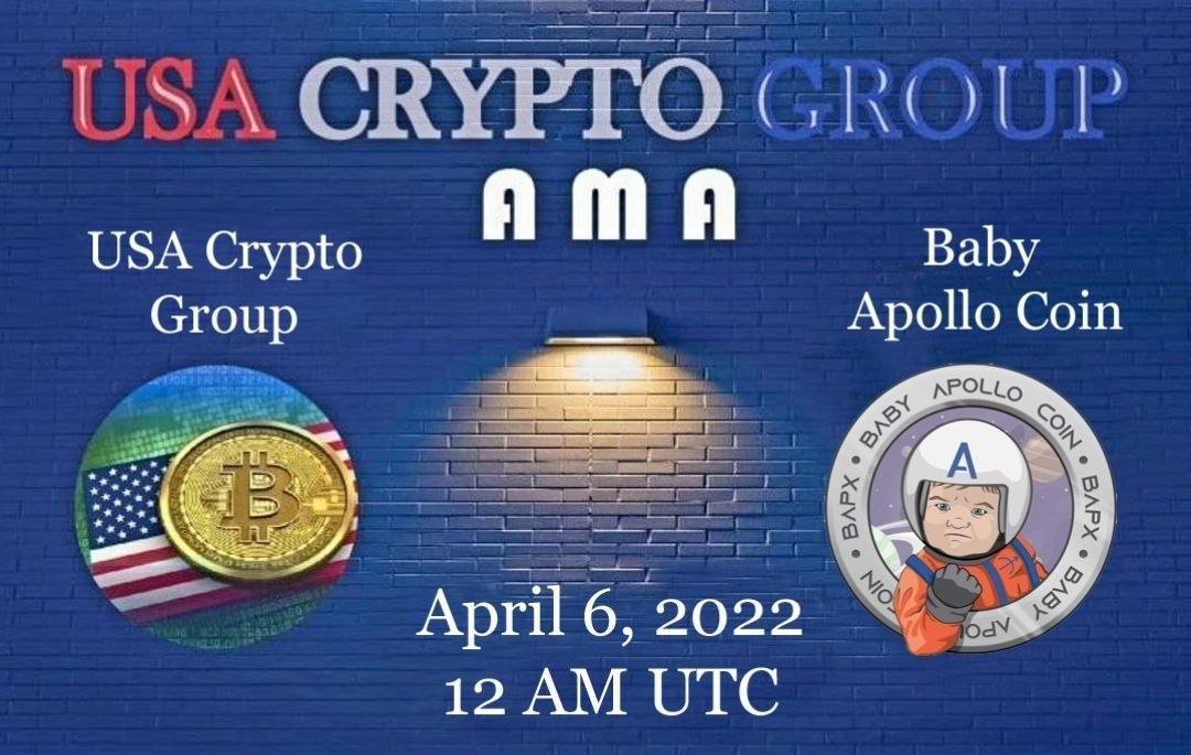USACryptoGroup's tweet photo. In 30 minutes we wil have our friend @babyapollocoin over for a special AMA session! Join us: https://t.co/7I7t2e6ixQ #usacryptogroup #babyapollo #crypto #liveAMA #bapx https://t.co/Kv3QgS1AGh