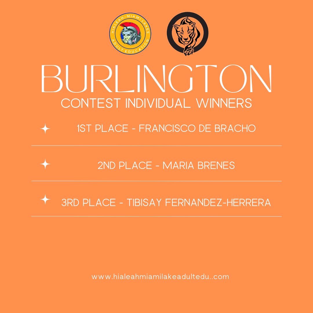 HMLAdultEd's tweet photo. Here are the #winners of the #BurlingtonEnglish Usage Contest during Spring Break for HML Adult & West Lakes! Congratulations!
#mdcpsadulted #hmladulthasitall @Be_English @LuisEDiazDEOA @SuptDotres @MDCPS @MDCPSOperations @mantilla1776 @Renneyra @MariTereMDCPS @MDCPSPHantman https://t.co/k6ZpJccT9m