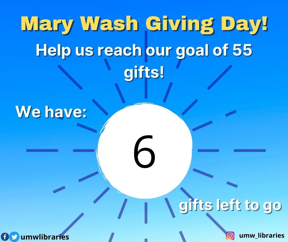 simpsonlibrary's tweet photo. We are so close to our @mwgivingday Anne Robinson Hallerman '77 Library Challenge!  THANK YOU Janet Philips, Joan Niederlehner, Anne Steen, Jeffrey McClurken, Helen McKann, Caterine Seller for donating to Simpson Library.  https://t.co/EnWNdvozyu #TogetherUMW #MaryWashDay https://t.co/CeeMhGqTHL