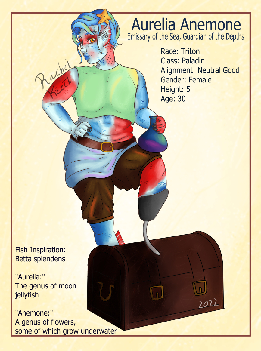 RachelKeeth's tweet photo. Meet Aurelia Anemone, my newest DnD character. She's a Triton Paladin. https://t.co/dyB4vuKlEe