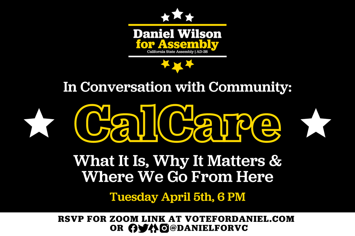 DanielforVC's tweet photo. Join us tonight at 6 pm, w/special guest Betty from @HCAlosangeles & @sm4sp_project to discuss CalCare: What it is, Why it Matters & Where We Go From Here!
#AB1400 #CalCare #CALeadsTheWay
#AD38 #VoteForDaniel
Register below or catch us live on youtube! https://t.co/PqgCN9MTsr https://t.co/8oM5JYLsqs